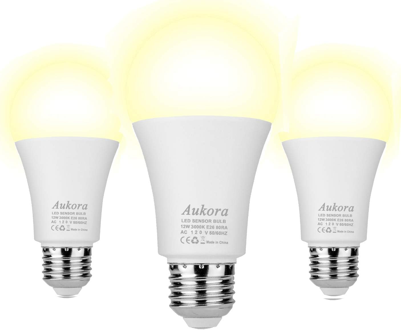 Dusk to Dawn Light Bulb, Aukora Smart Sensor LED Light Bulb, 12W (100-Watt Equivalent), 3000Kelvin, E26 Base Automatic On/Off Led Bulb Outdoor/Indoor for Porch Garage Patio Garden(Warm White, 3 Pack)