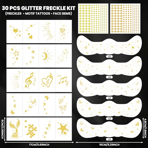 30PCS Glitter Freckles Face Tattoos & Face Gems Set, Multi-Style Gold Glitter Temporary Tattoos for Valentine's Day Makeu...