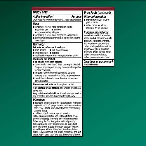 Afrin No Drip Severe Congestion Nasal Mist Twin Pack, Non-Drowsy, Fast-Acting Decongestant for Nasal Congestion and Sinus Pressure Relief, Adults and Children 6 and Older, .5 fl oz (Pack of 2)