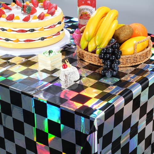 3Pack Black and Iridescent Checkered Plastic Tablecloth, Shiny Disposable Laser Rectangle Table Covers, Holographic Foil T...