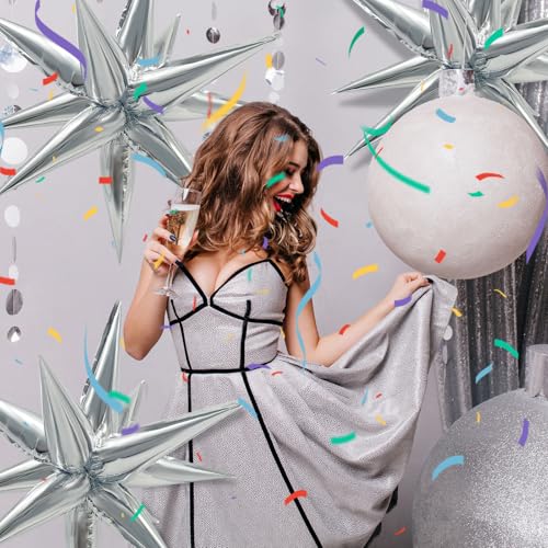 60Pcs Silver Star Balloons Birthday Decorations Explosion Mylar Balloons 12 Spike Balloon Large Foil Prom Balloon for Wedd...