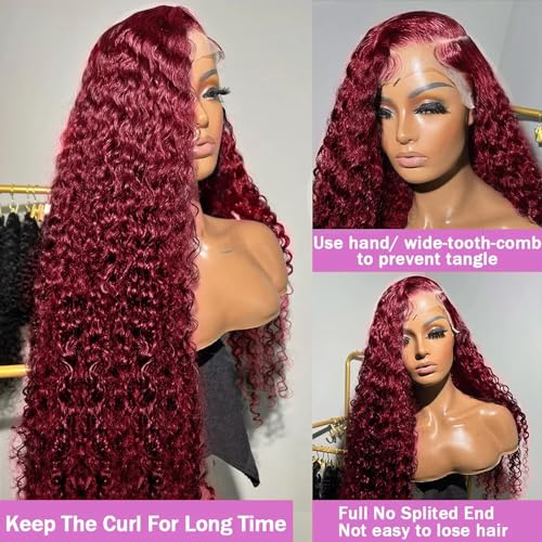 99j Burgundy 13x5 Deep Wave HD Lace Front Wigs Human Hair Pre Plucked Colored Curly Human Hair Wig Glueless Deep Curly Lace Frontal Wigs Red Human Hair Wigs for Women 180% Density £¨20Inch£©