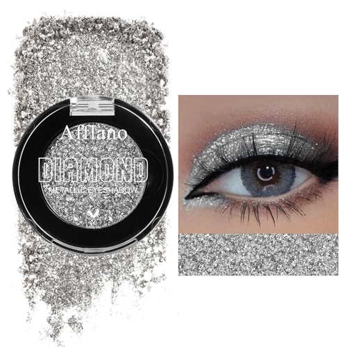 Afflano Silver Glitter Eyeshadow Super Pigmented, Intense Color Gray Silver Eyeshadow Palette Single, Long Lasting Sparkle...