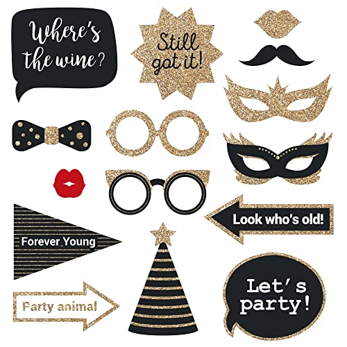 Fully Assembled Birthday Photo Booth Props. 30 Piece Box Set of Black & Gold Selfie Party Supplies and Decorations Kit wit...