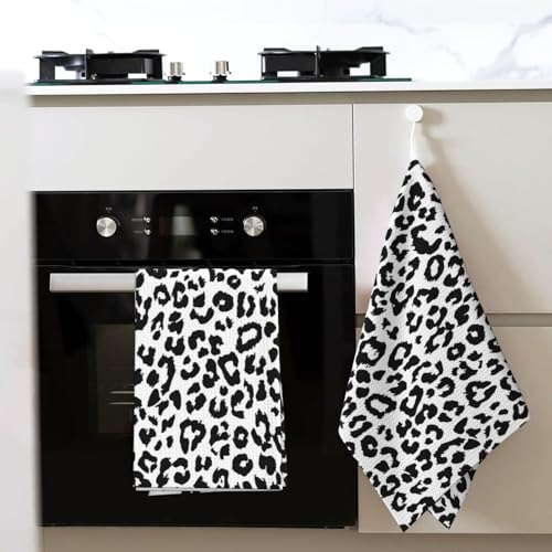 Novastar Kitchen Towels - Soft Absorbent Quick Towels for Kitchen Drying, Leopard Black White Texture Print Drying Dish Hand Towel for Home Decor with Lanyard