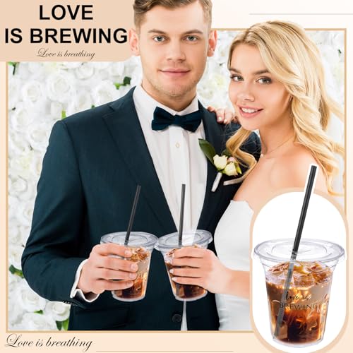 50 Set Love Is Brewing Bridal Shower Cup Disposable Wedding Coffee Cups Bulk Clear Plastic Drinking Iced Cup Wedding Coffe...