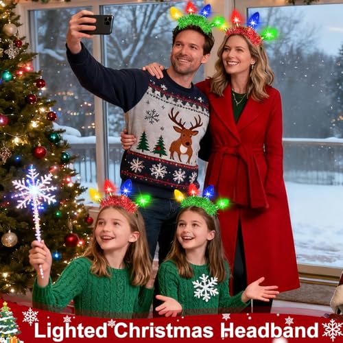 TURNMEON 2 Pack Light up Christmas Headbands, 3D Colored Bulb, 6 Lighting Modes, Xmas Light Necklace New Year Eve Party Fa...
