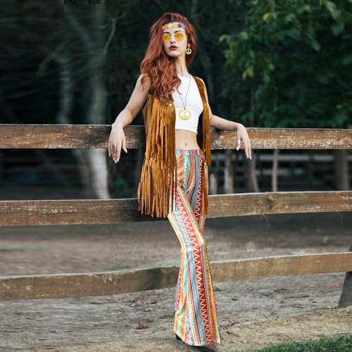 Mukum 8 PCS 60s Women Hippie Costume, 70s Hippie Outfits with Tops and Flared Pants Glasses Necklace Set for Christmas