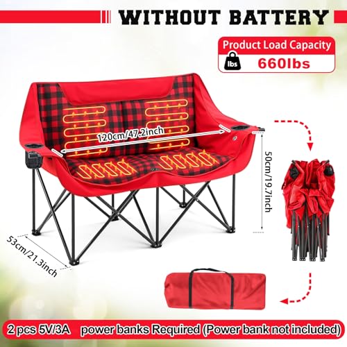 Padded Heated Double Camping Chair for Adults, 4 Heating Zones & 3 Heat Levels, Padded Loveseat Oversize Folding Chair Por...