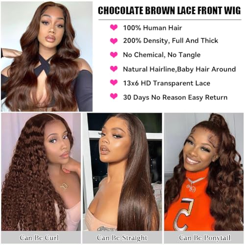 Chocolate Brown Lace Front Wig Human Hair 13x6 Hd Transparent Body Wave Lace Front Wigs 200% Density Brown Wig Human Hair 4# Colored Glueless Wigs for Women 22 Inch