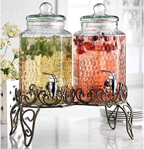 Classic Hammered Glass Beverage Dispenser with Elegant Stand (Set of 2), 1 Gallon Glass Drink Dispenser with Stand & Spigo...