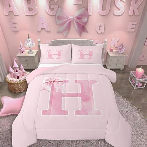 Erosebridal Bowknot Bedding Twin,Monogrammed Bows Comforter Set for Girls,Initial Birthday Gifts Quilt for Mom Daughter Sister,Unique Bedroom Room Decor,Luxury Soft(H)