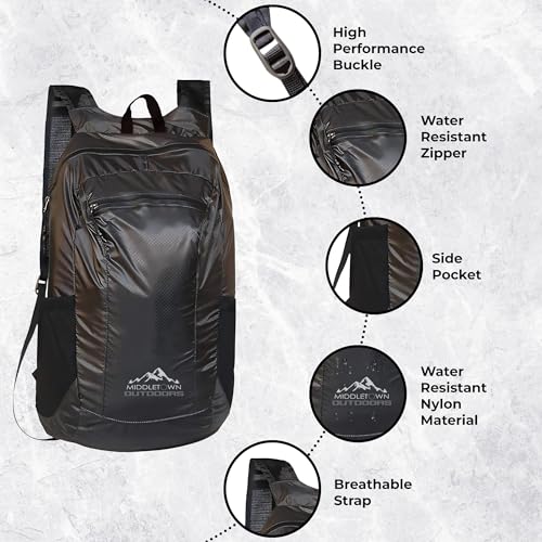 Middletown Outdoors Daypack Ultralight Foldable Water-Resistant Nylon Durable Tear-Resistant, Ideal for Hiking, Camping,Co...