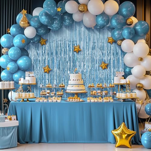 2 Pack Light Blue Fringe Backdrop, 3.2x8.2ft Shining Foil Tinsel Curtains, Birthday Party Decorations Door Streamers for H...