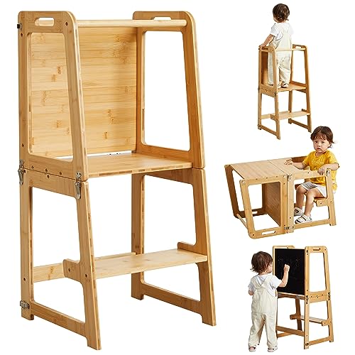 4-in-1 Standing Tower for Toddlers and Kids 1-6 Years, Bamboo Kitchen Learning Helper Stool with Chalkboard, Desk Table, a...
