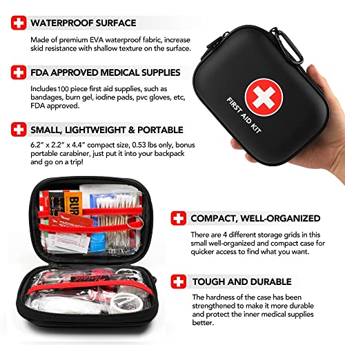 Mini First Aid Kit, 100 Pieces Water-Resistant Hard Shell Small Case - Perfect for Travel, Outdoor, Home, Office, Camping,...