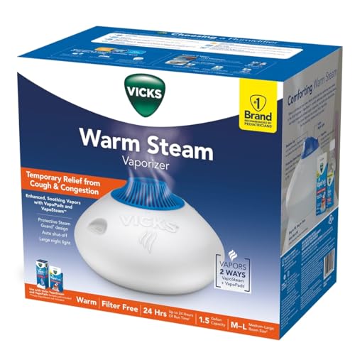 Vicks Warm Steam Vaporizer & Humidifier 1.5 Gallon Tank for Small and Medium Rooms, Night Light, Works with VapoPads and VapoSteam