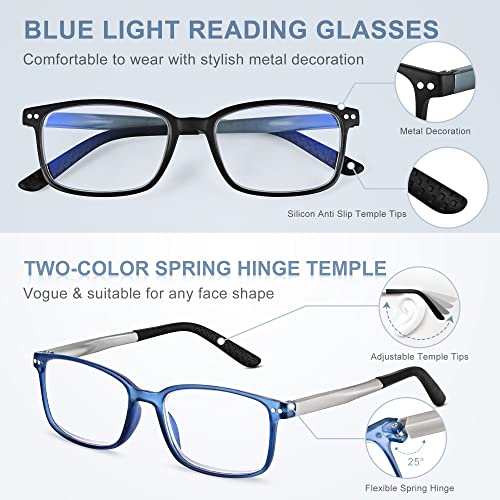 EASY READ 2 Pairs Sporty Style Reading Glasses for Men，Rectangular TR90 Blue Light Blocking Readers with Spring Hinge