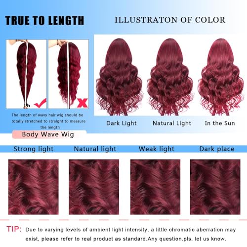 28 Inch 99j Burgundy Lace Front Wigs Human Hair Red Wig Burgundy Human Hair Wig Glueless Lace Front Wigs for Women 13x4 Body Wave Lace Front Wigs Pre Plucked 180% Density