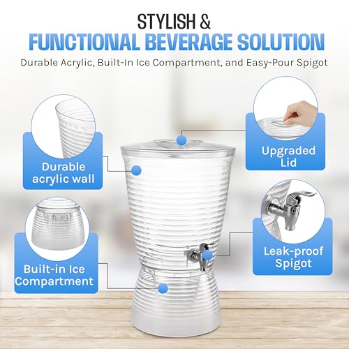 Drink Dispenser for Parties (2.5 Gallon) Large Plastic Water Dispenser for Counter Tops, No Mess, Easy to Assemble & Wash,...