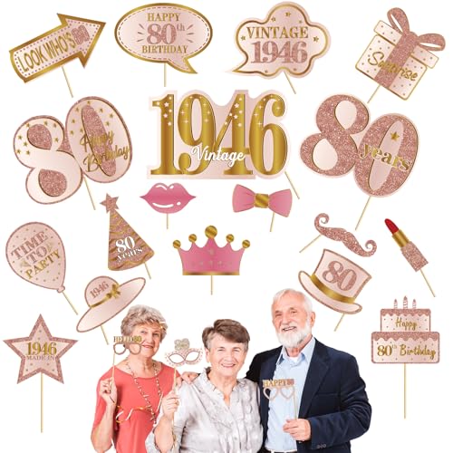 Kuxriox 21Pcs 80th Birthday Photo Booth Props for Women, Pink Rose Gold Vintage 1946 80 Birthday Selfie Props Kit with Sti...
