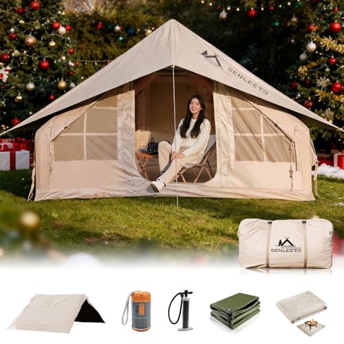 Inflatable Camping Tents 8-10 Person,129 Square Feets Large Inflatable Camping Tent with Stove Jack,Blow up Tent with Mesh...