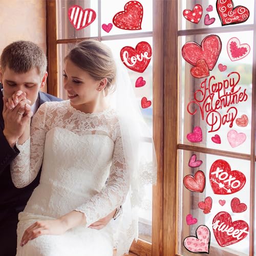 DIYDEC 6 Sheets Valentines Window Cling Double-Sided Pink Red Love Heart Window Stickers Happy Valentines Window Decals fo...