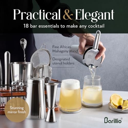 Barillio Bartender Kit – 23-Piece Stainless-Steel Cocktail Shaker Set with Premium African Mahogany Stand | Martini Barwar...