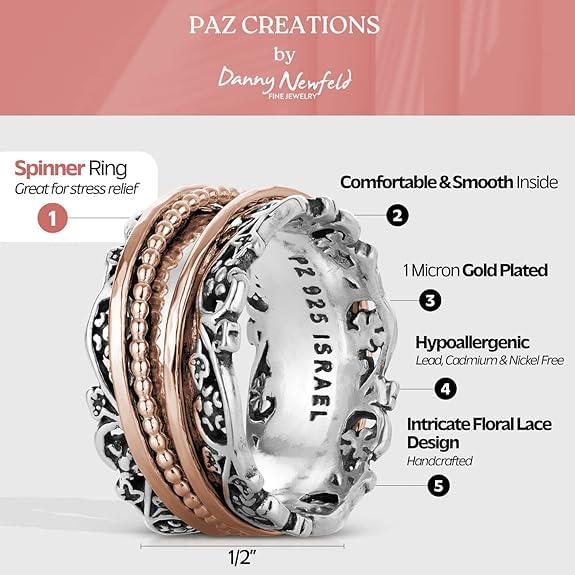 PZ Paz Creations .925 Sterling Silver and Rose Gold over Silver Spinner Ring (11), Made in Israel