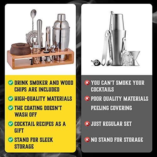 Bartender Kit with Whiskey Smoker - 13 pcs, Bamboo Stand - Bar Set with Cocktail Shaker, Bartending Kit with Essential Bar...