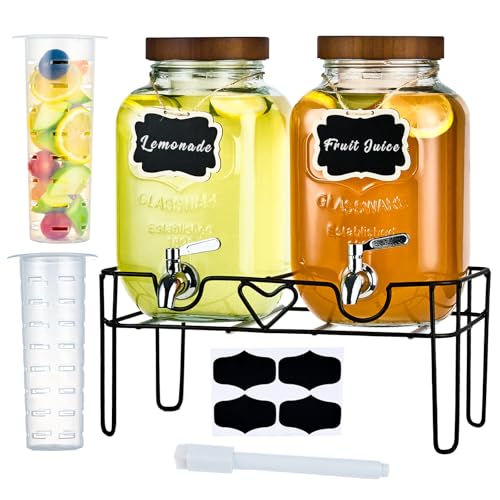ShoreHao 2 Pack1Gallon Glass Drink Dispensers with Stand&Bamboo Lids&Fruit Infuser,304 Stainless Steel Leak-Proof Spigot,B...