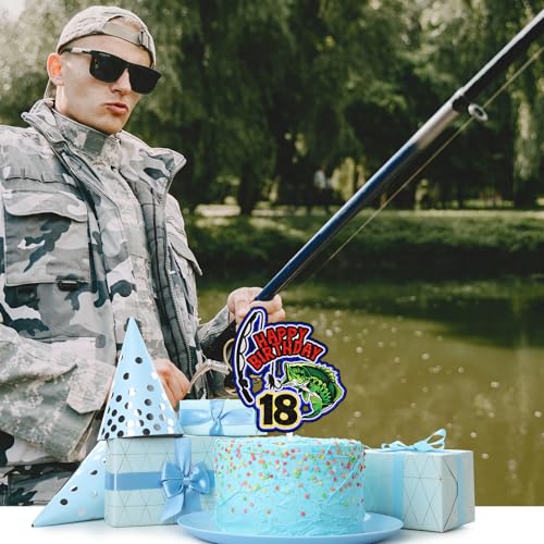 Fishing Cake Topper 18th Birthday Happy Bass Big Fish Decorations, Lake Adventure Fishing Rod Theme Birthday Party for Men...