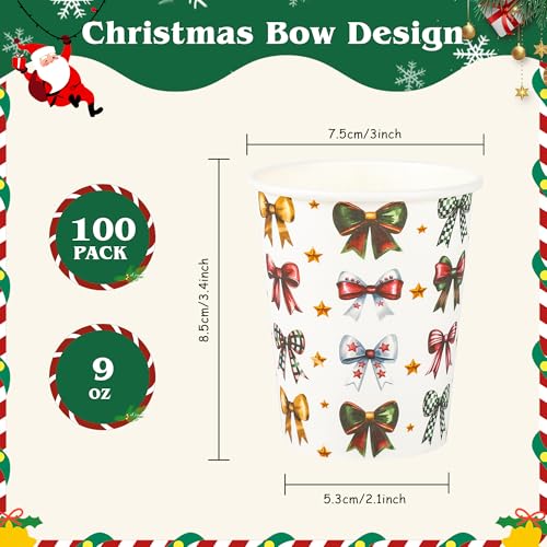 Houuqe 100 Pcs 9 oz Christmas Ribbons Bows Paper Cups Disposable Coquette Bowknot Coffee Cups Hot Cocoa Chocolate Paper Cu...