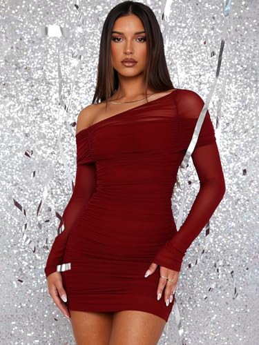 OZICERD Off The Shoulder Mini Dresses for Women Long Sleeve Ruched Bodycon Mesh Dress Cocktail Party Club Going Out Dress