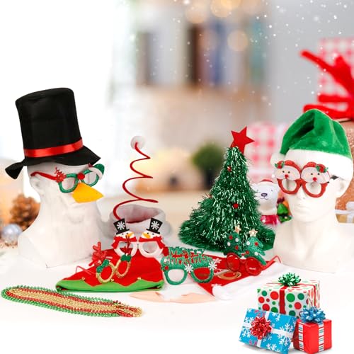 21 Pcs Funny Christmas Party Photo Booth Props Kit - Includes 6 Christmas Hats, 6 Xmas Glasses, 6 Festive Necklaces, White...