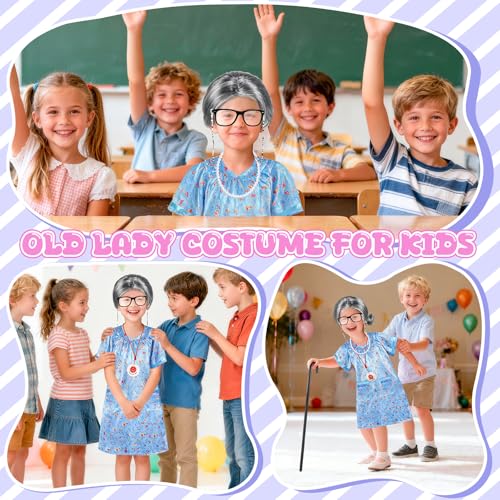Old Lady Costume for Kids Girls, 100 Days of School Costume for Girls 100th Day of School, Granny Grandma Dress Up Nightgo...