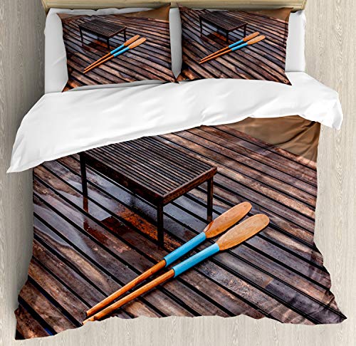 Lunarable Oar Duvet Cover Sets, Paddles on Old Wooden Pier Board by The Lake Mystic Summer Background Vacation Image, Bedd...