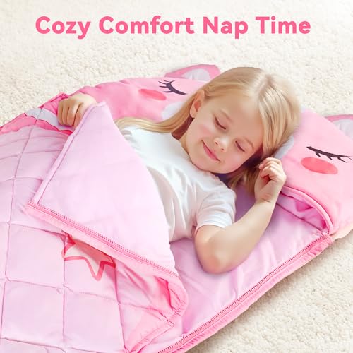 iPlay, iLearn Kid Sleeping Bag, Unicorn Slumber Sack, Toddler Girl Nap Mat, 2 in 1 Pink Animal Cushion Blanket, Happy Trav...