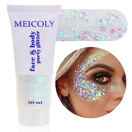 MEICOLY Clear White Body Glitter,Singer Concerts Music Festival Rave Accessories,Mermaid Face Glitter Gel,Sequins Glitter ...