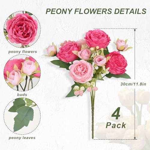 MARTINE MALL 4 Packs Peonies Artificial Flowers, Mixed Pink Artificial Peonies, Silk Peonies Flowers Fake Peonies Artifici...