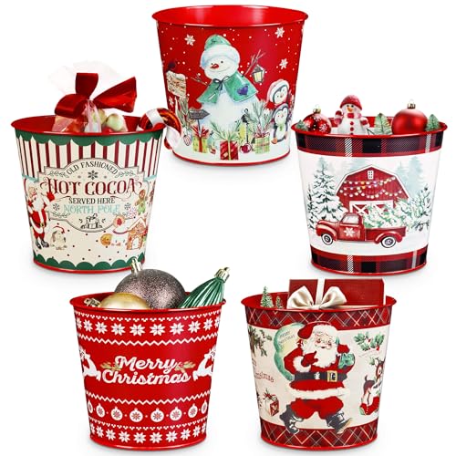 Putuo Decor Christmas Galvanized Bucket, 5 Pieces Christmas Ice Buckets for Parties, Christmas Theme Decorations Pails Gal...