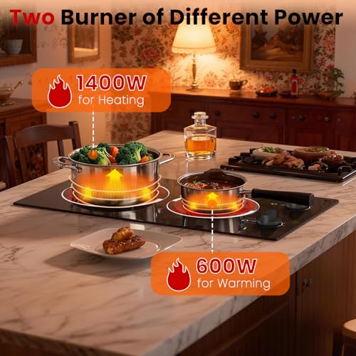 Jessier 2 Burner Electric Cooktop - 12 Inch Plug in Portable 110V Electric Cook Top Two Burner, Built-in & Countertop Cera...