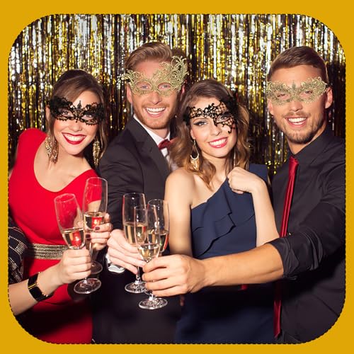 Yolev 6 Pcs Masquerade Masks for Women Gold Black Lace Mask 6 Styles Masquerade Mask for Glasses Couples Halloween Prom Ba...