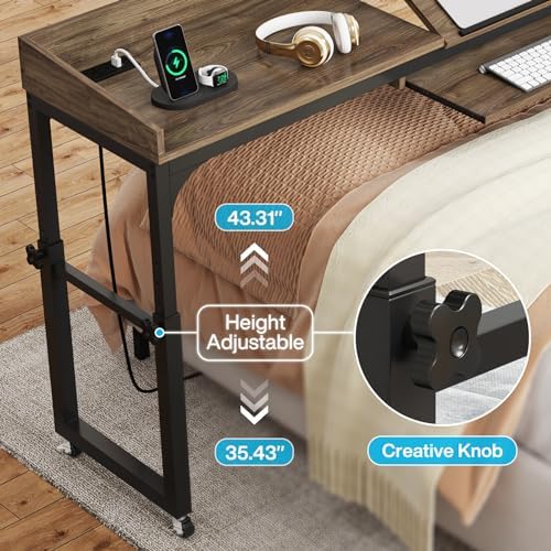 LITTLE TREE Overbed Table with Wheels Adjustable Height, Portable Rolling Table with Outlets & USB Ports for Queen Bed, Giant Computer Desk with Tilt Stand