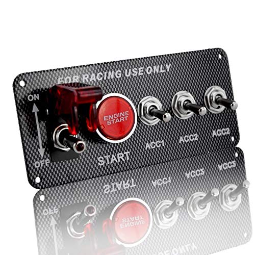 Stark Industries - Race Car Ignition Panel with Engine Start Button and 3 Toggle Switches - Carbon Fiber 12V LED Switch Panel