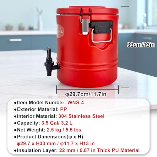 3.5Gallon Insulated Hot Beverage Dispenser, 304 Stainless Steel Hot Water & Coffee Dispenser, Large Capacity Portable Drin...