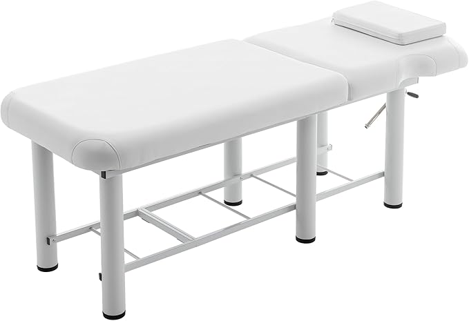 Professioanl Massage Table w/Adjustable Backrest for Treatment Table Spa Facial Bed Barber Beauty Equipment, Metal Frame PU Leather, Removable Headrest Salon Bed, White