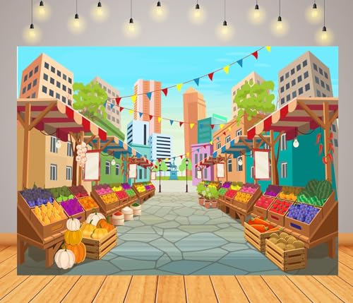 BELECO 5x3ft Fabric Cartoon Farmers Market Backdrop Fresh Farm Vegetables and Fruits, Farmers Market Stall Background for ...