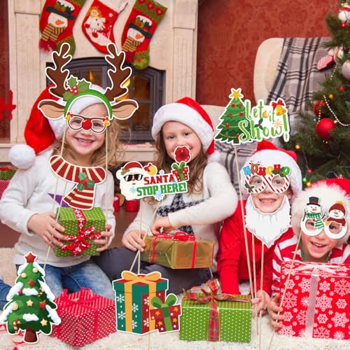 Christmas Photo Booth Props Kit, 31 Pcs Xmas Red Green Snowman Santa Bells Hat Snow Tree for Photoshoot Picture Fun Party ...