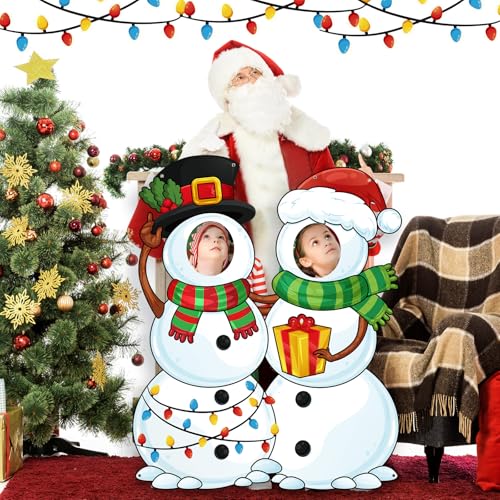 WovWeave Snowman Christmas Photo Booth Fabric Banner with Two Face Cutouts, 55" x 44" Holiday Party Decorations, Winter Ba...